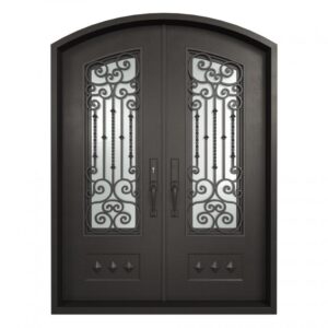 A close-up of a Vintage Left Hand Inswing Double Wrought Iron Door.