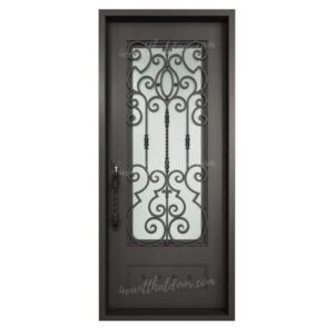 A close-up of a beautiful Angelino Right Hand Inswing Single Wrought Iron Door.