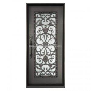 A close-up of a beautiful Ariana Right Hand Outswing Single Entry Iron Door.