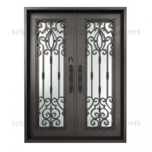 A close-up of a Angelino Left Hand Inswing Double Wrought Iron Door.
