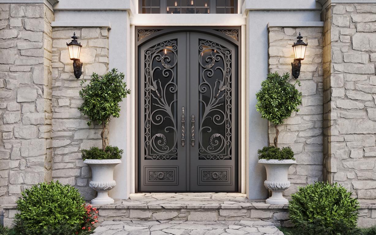 A close-up of a beautiful iron door is installed on the house door.
